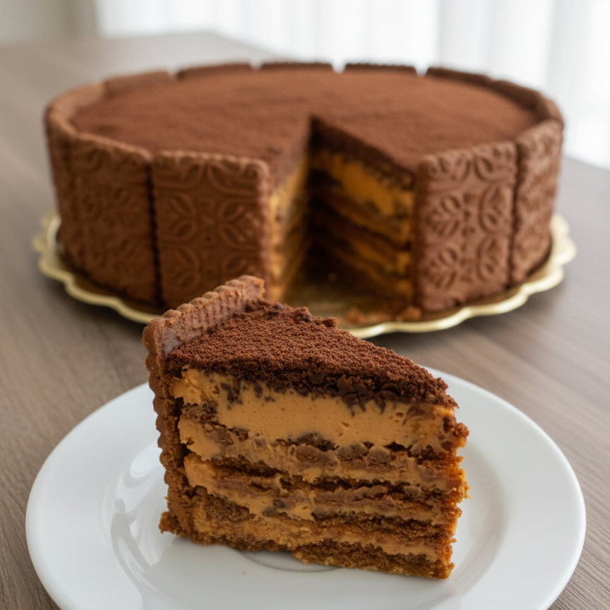 Chocotorta cake with a slice on a white plate, placed on a wooden table.